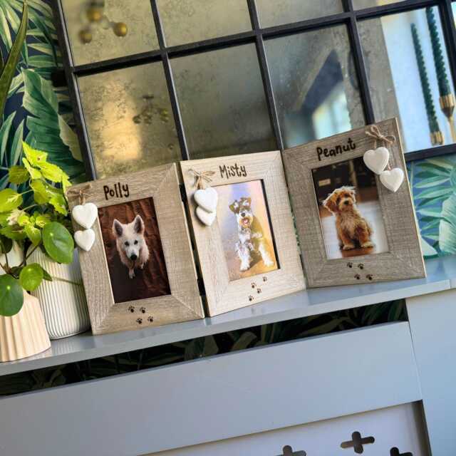 Triple Dog Or Cat Wooden Photo Frame - Personalised Driftwood Picture For Three Pets, Engraved Names With Paw Prints/6x4 - image 1