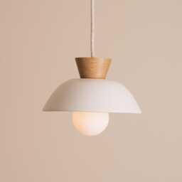 White Small Dawn Pendant Light in Ceramic & Oak - thumbnail 1
