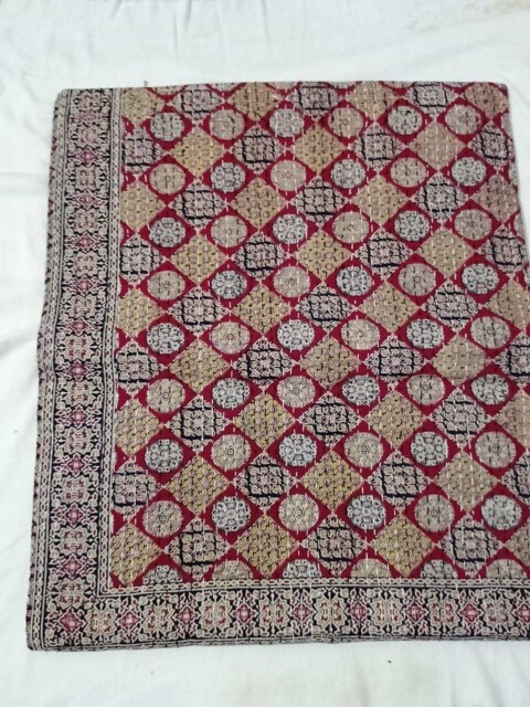 Ajarak Floral Print Beautiful Decorative Indian Handmade Kantha Quilt Bedspread, Coverlet Size Queen - image 1