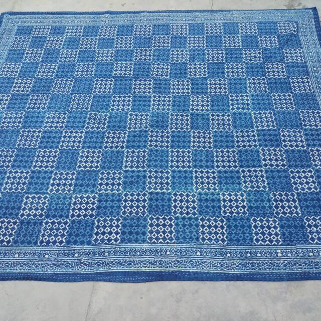 Indian Hand Stitched Kantha Work Bed Covers Vintage Gudri Block Cotton Fabric Indigo Bagru Dabu Bedsheet King Size - image 1