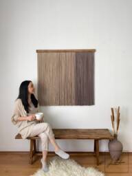 Beige Taupe Fiber Wall Art, Minimalist Japandi Textured Yarn Decor, Gradient Handmade Square Macrame Hanging, Textile Tapestry