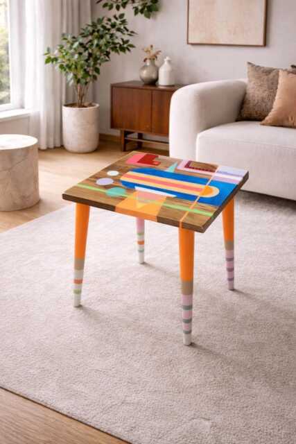 Hand-Painted Resin Side Table Colorful Pop Art, Retro Accent - image 1