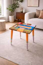 Hand-Painted Resin Side Table Colorful Pop Art, Retro Accent - thumbnail 1