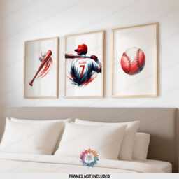Custom Boys Baseball Art - Set Of 3 Prints - Personalised Boy Bedroom Wall Decor Kids Posters Red & White - thumbnail 2
