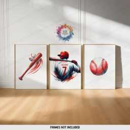 Custom Boys Baseball Art - Set Of 3 Prints - Personalised Boy Bedroom Wall Decor Kids Posters Red & White - thumbnail 1