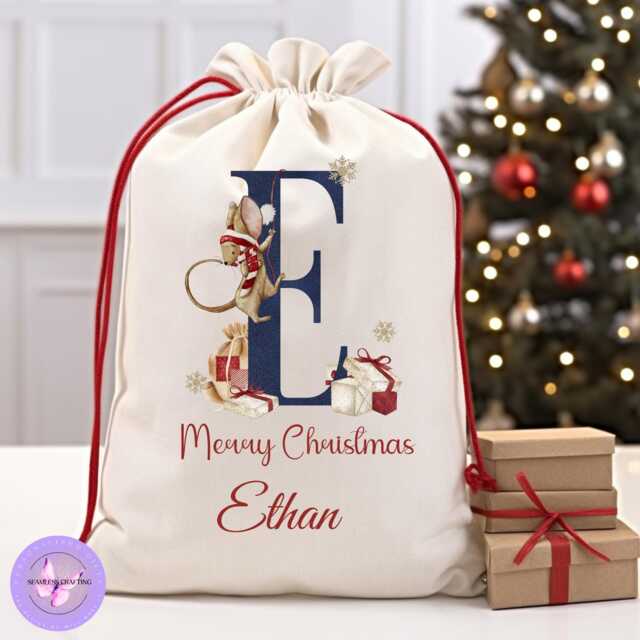 Christmas Santa Sack, Personalised Name Initial Gift Bag, Mouse Design, Large & Small, Matching Enamel Mug, Kids Xmas - image 1