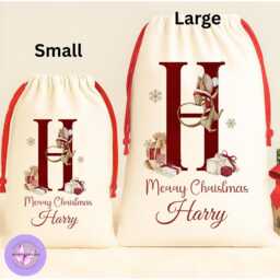 Christmas Santa Sack, Personalised Name Initial Gift Bag, Mouse Design, Large & Small, Matching Enamel Mug, Kids Xmas - thumbnail 2