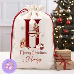 Christmas Santa Sack, Personalised Name Initial Gift Bag, Mouse Design, Large & Small, Matching Enamel Mug, Kids Xmas - thumbnail 4