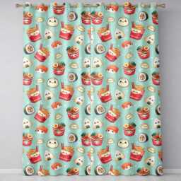 Cute Kawaii Sushi Ramen Dumpling Asian Food Seamless Pattern Teal Background Readymade Eyelet Ring Top Thermal 100% Blackout Curtains - thumbnail 2