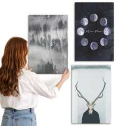 3 Piece Canvas Set - Forest Landscape in The Fog Moon Phases Deer Skull, Gray Large Wall Art, Landscapes Hanging - thumbnail 3