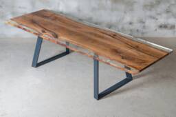 Custom Folding Live Edge Table Made Of Oak Wood, Epoxy With Steel Legs, Uv Resin Table, Modern Dining River Loft Style