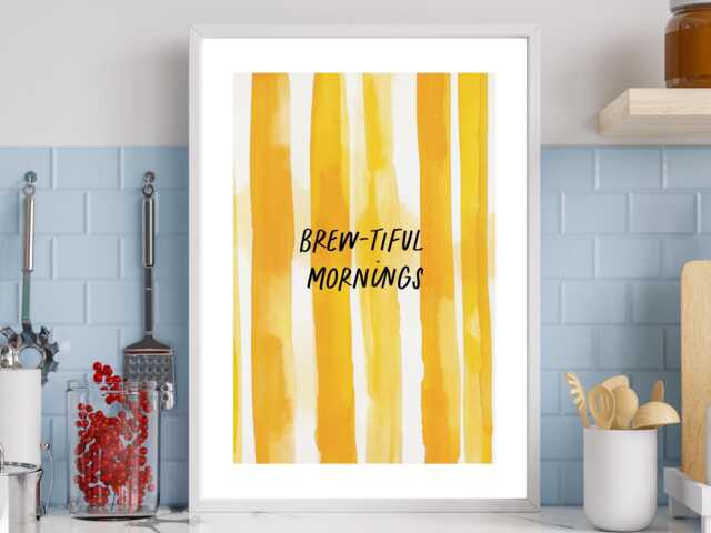 Brew-Tiful Mornings - Wall Print Abstract Yellow Stripe Coffee Tea Brew Gift Idea Bespoke Poster A5 A4 A3 Framed Or Unframed - image 1