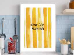 Brew-Tiful Mornings - Wall Print Abstract Yellow Stripe Coffee Tea Brew Gift Idea Bespoke Poster A5 A4 A3 Framed Or Unframed - thumbnail 1