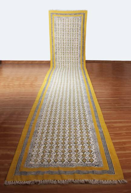 Hand Block Printed Cotton Runner Rug, Yellow & Blue, Hallway Stair Decor - image 1
