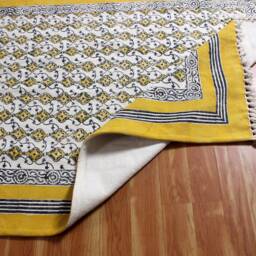 Hand Block Printed Cotton Runner Rug, Yellow & Blue, Hallway Stair Decor - thumbnail 3