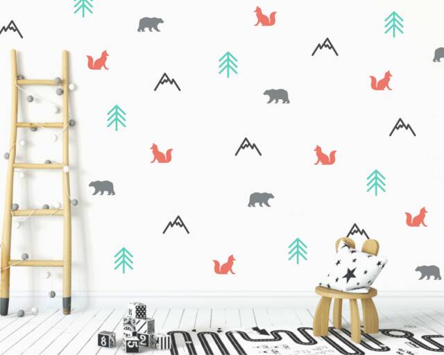 Woodland Nursery Wall Decals Scandinavian Forest Animals, Trees, Mountains - 32 Pack
