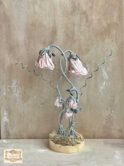 Enchanted Forest Paper Flowers Sculpture On Wood Base & Moss , Magical Fairytale Art Pink Flower Art Flower Decor Summer Decor - image 1