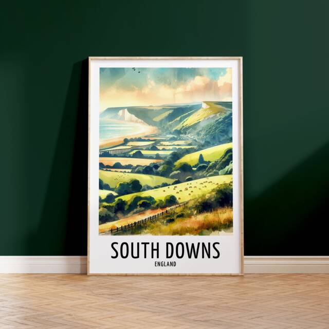 South Downs Travel Print - Watercolour Poster Design - Wall Artwork England UK Gifts Home Decor Art Gift National Park - image 1