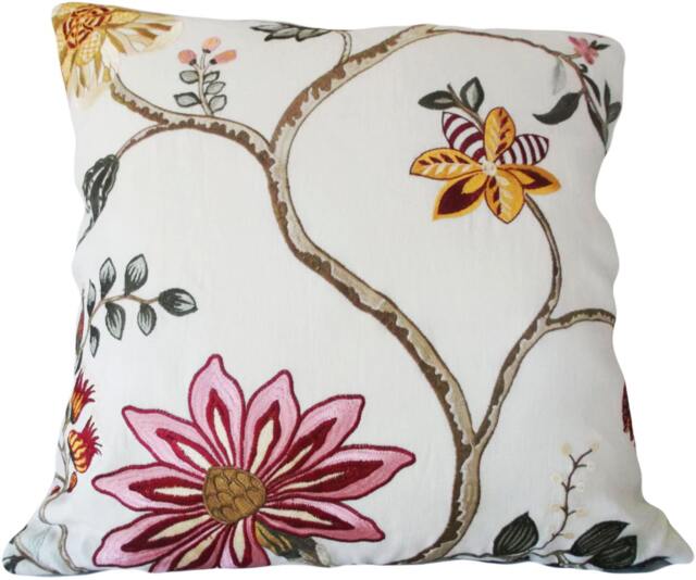 Embroidered Floral Linen Pillow Cover Vintage Pink Flowers - image 1