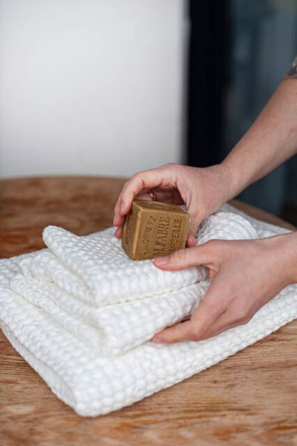 Waffle Linen Towel Set in Creamy White Body, Hand & Face Waffle Towels. Linen Bath Towels - image 1