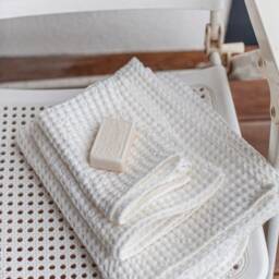Waffle Linen Towel Set in Creamy White Body, Hand & Face Waffle Towels. Linen Bath Towels - thumbnail 3