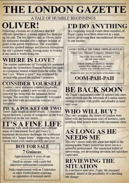 Oliver Musical Poster - Newspaper Style, Broadway West End Art - image 1