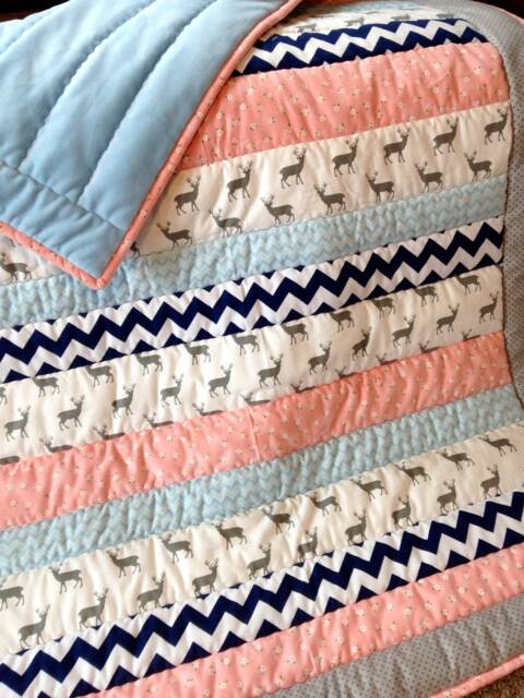 Deer Woodland Minky Baby Quilt, Chevron Girl Crib Blanket, Native American Polka Dot Coral Peach, White Flowers, Navy Blue Ready To Ship - image 1