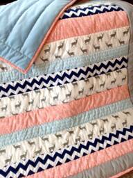 Deer Woodland Minky Baby Quilt, Chevron Girl Crib Blanket, Native American Polka Dot Coral Peach, White Flowers, Navy Blue Ready To Ship