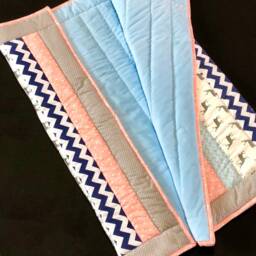 Deer Woodland Minky Baby Quilt, Chevron Girl Crib Blanket, Native American Polka Dot Coral Peach, White Flowers, Navy Blue Ready To Ship - thumbnail 3