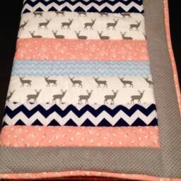 Deer Woodland Minky Baby Quilt, Chevron Girl Crib Blanket, Native American Polka Dot Coral Peach, White Flowers, Navy Blue Ready To Ship - thumbnail 4
