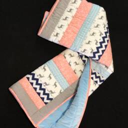 Deer Woodland Minky Baby Quilt, Chevron Girl Crib Blanket, Native American Polka Dot Coral Peach, White Flowers, Navy Blue Ready To Ship - thumbnail 2