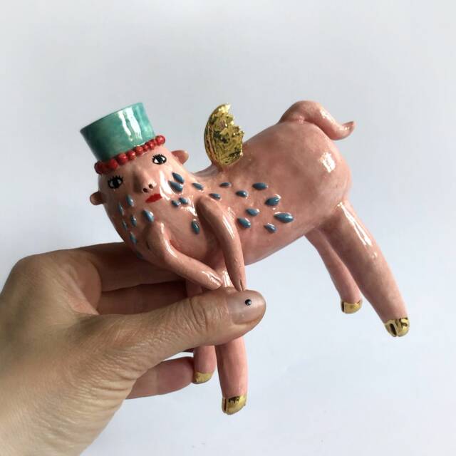 Ceramic Candlestick Holder, Pink & Gold Candle Statue, Eclectic Style Decor, Golden Wings Centaur Statue Decoration - image 1