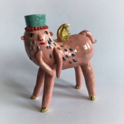 Ceramic Candlestick Holder, Pink & Gold Candle Statue, Eclectic Style Decor, Golden Wings Centaur Statue Decoration - thumbnail 2