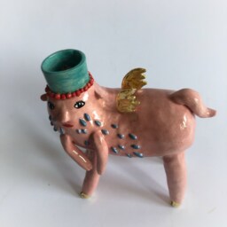 Ceramic Candlestick Holder, Pink & Gold Candle Statue, Eclectic Style Decor, Golden Wings Centaur Statue Decoration - thumbnail 3