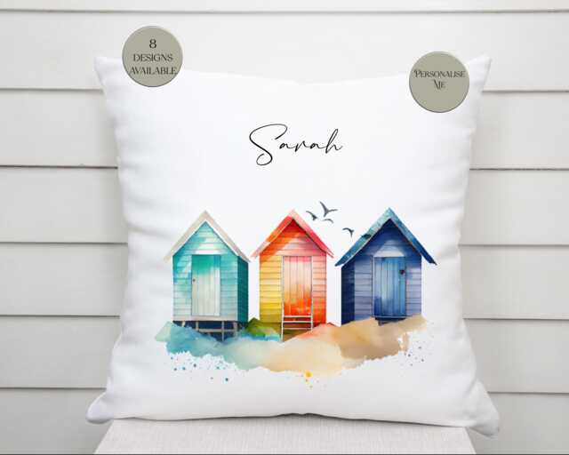 Personalised Watercolour Beach Hut Cushion - Coastal Home D??cor Nautical Throw Pillow Seaside - image 1