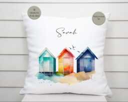 Personalised Watercolour Beach Hut Cushion - Coastal Home D??cor Nautical Throw Pillow Seaside