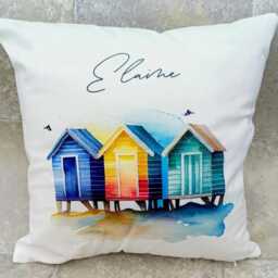 Personalised Watercolour Beach Hut Cushion - Coastal Home D??cor Nautical Throw Pillow Seaside - thumbnail 4