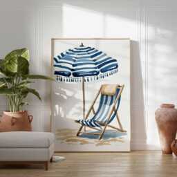 Beach Chair Poster Coastal Wall Art Nautical Striped Umbrella Print Summer Seaside Decor Blue Ocean Style - thumbnail 3