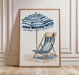 Beach Chair Poster Coastal Wall Art Nautical Striped Umbrella Print Summer Seaside Decor Blue Ocean Style - thumbnail 1