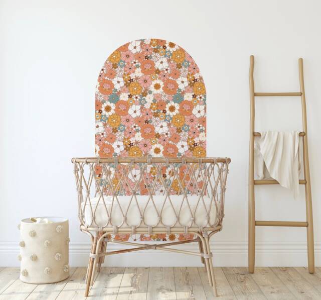 Hippie Boho Groovy Flowers Arch Decal - Retro Flower Pattern Wall Sticker Removable Decor Nursery, Baby Girl, Terracotta - image 1
