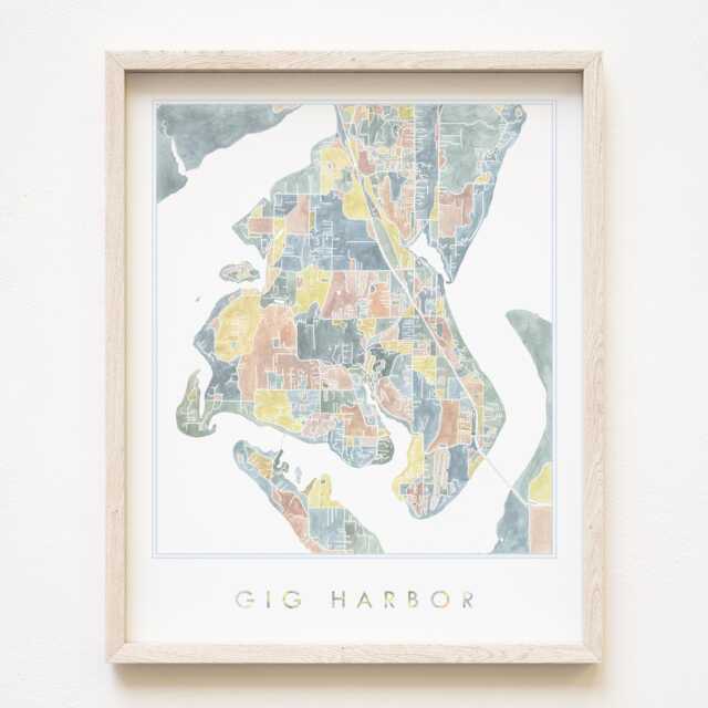 Gig Harbor Map Hand Painted Art Washington City Drawing - Art Print Wedding Moving Realtor Gift Vacation Rental Decor Puget Sound - image 1