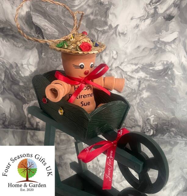 Personalised Terracotta Plant Pot Man Or Lady Wheelbarrow Planter Happy Retirement, Birthday Easter Garden Gift - image 1