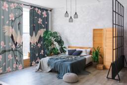 Set Of 2 Curtains With Cranes, Room Divide Screen Wall Panel, Blackout Curtains