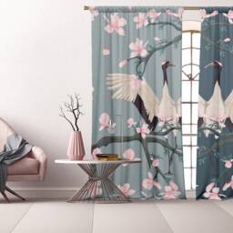 Set Of 2 Curtains With Cranes, Room Divide Screen Wall Panel, Blackout Curtains - thumbnail 2