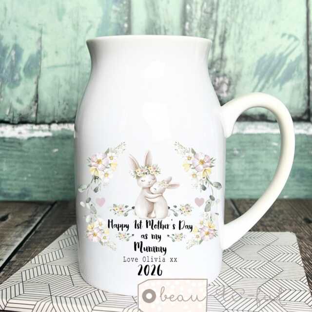 Personalised First 1st Mother's Day Gift Mum Nanna Nanny Grandma Gran Gift Bunny Floral Ceramic Small Vase Jug Mug Birthday Easter - image 1