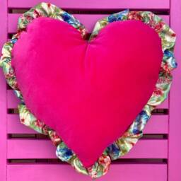 Handmade Hot Pink Velvet Heart Pillow, Floral Ruffle Cushion - thumbnail 2
