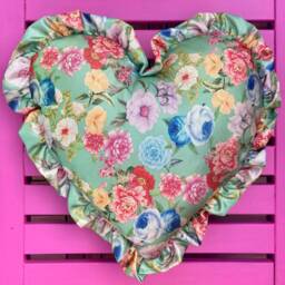 Handmade Hot Pink Velvet Heart Pillow, Floral Ruffle Cushion - thumbnail 3