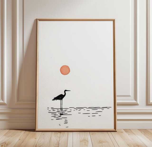 Japanese Crane Poster - Minimal Ink Line Art Print Red Sun Wall Decor - image 1