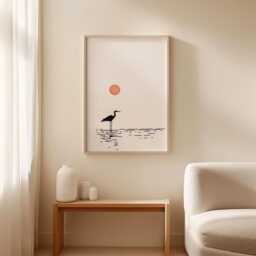 Japanese Crane Poster - Minimal Ink Line Art Print Red Sun Wall Decor - thumbnail 3