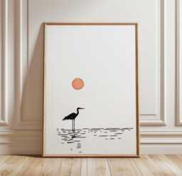 Japanese Crane Poster - Minimal Ink Line Art Print Red Sun Wall Decor - thumbnail 1